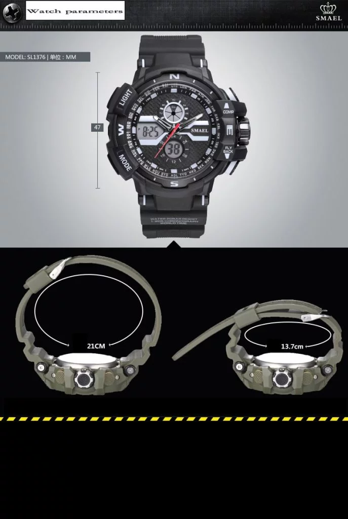 arloji jam tangan pria smael 1376B Original Dual Time Sport Rubber